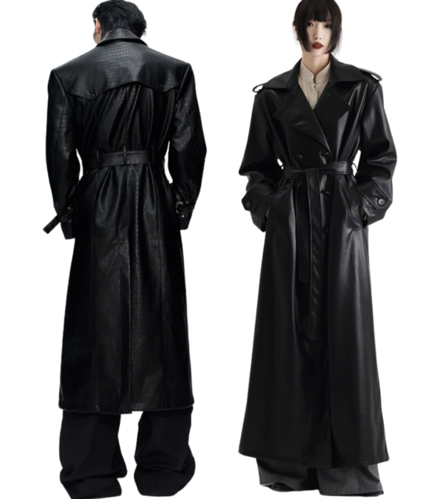 long black leather or faux-leather trench coat